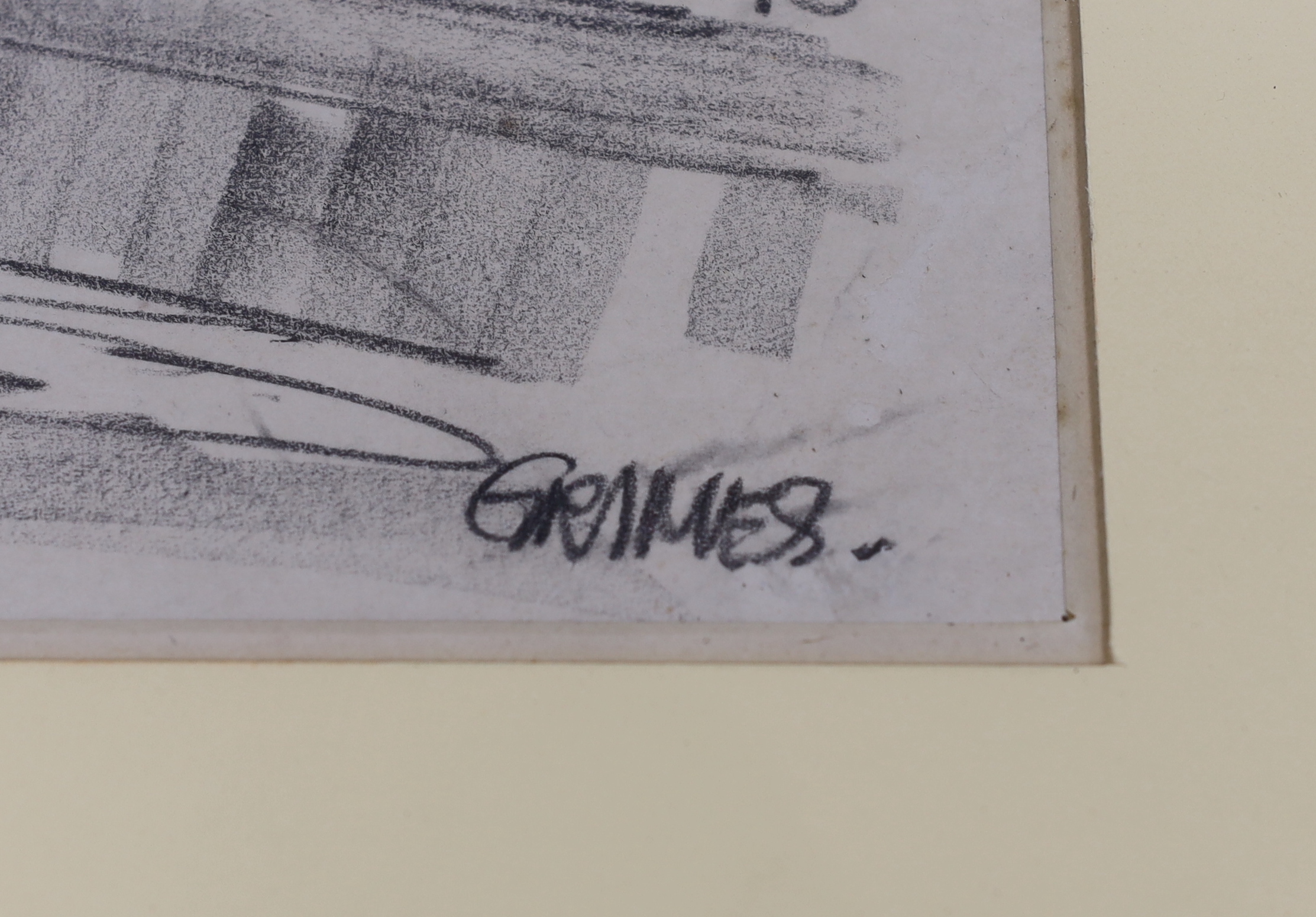 Leslie Grimes (1897-1983), charcoal drawing, 'The London County Hall', signed, various inscriptions verso including cartoonist of The Star, 48 x 34cm